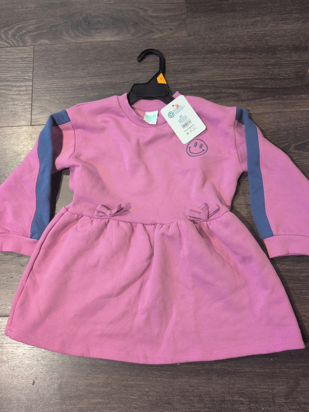 Girls 4T Embroidered Graphic Smiley Fleece Dress with Long Sleeves Bow NWT